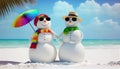 Happy snowman standing in seaside landscape. Winter fairytale.