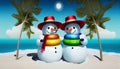 Happy snowman standing in seaside landscape. Winter fairytale.