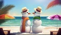 Happy snowman standing in seaside landscape. Winter fairytale.