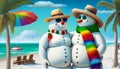 Happy snowman standing in seaside landscape. Winter fairytale.