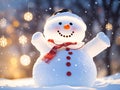 Happy snowman standing in winter christmas background with bokeh lights