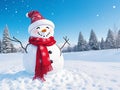 Happy snowman standing in winter christmas background, Merry Christmas greeting card