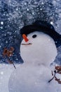 Happy snowman standing in winter Christmas landscape. Snowman isolated on snow background. Snowman and snow day. Snowman Royalty Free Stock Photo