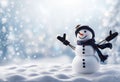 Happy snowman standing in winter christmas landscape Royalty Free Stock Photo