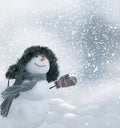 Happy snowman standing in winter christmas landscape Royalty Free Stock Photo