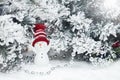 Happy snowman standing in winter christmas landscape. Merry christmas and happy new year greeting card. Funny snowman in hat Royalty Free Stock Photo