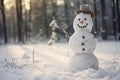 Happy snowman standing in winter christmas landscape. Snow background. ai generative Royalty Free Stock Photo