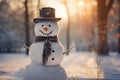 Happy snowman standing in winter christmas landscape. Snow background. ai generative Royalty Free Stock Photo