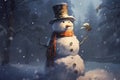 Happy snowman standing in winter christmas landscape. Snow background. ai generative Royalty Free Stock Photo