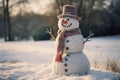 Happy snowman standing in winter christmas landscape. Snow background. ai generative Royalty Free Stock Photo