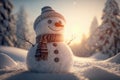 Happy snowman standing in winter christmas landscape. Snow background. Congratulation Merry Christmas and Happy New Year. Royalty Free Stock Photo