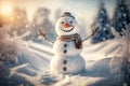 Happy snowman standing in winter christmas landscape. Snow background. Congratulation Merry Christmas and Happy New Year. Royalty Free Stock Photo