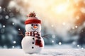 Happy snowman standing in winter christmas landscape. Snowy blurred background. Generative AI Royalty Free Stock Photo