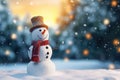 Happy snowman standing in winter christmas landscape. Snowy blurred background. Generative AI Royalty Free Stock Photo