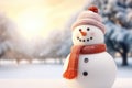 Happy snowman standing in winter christmas landscape. Snowy blurred background. Generative AI Royalty Free Stock Photo