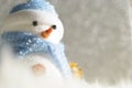 Happy snowman standing in winter christmas snow background. Merry christmas and happy new year greeting card with copy-space. Royalty Free Stock Photo