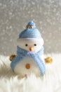 Happy snowman standing in winter christmas snow background. Merry christmas and happy new year greeting card with copy-space. Royalty Free Stock Photo
