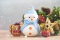 Happy snowman standing in winter christmas snow background. Merry christmas and happy new year greeting card with copy space. Royalty Free Stock Photo
