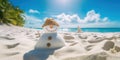 Happy snowman sunbathing at the sand beach