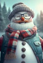 Snowman wearing like hipster in forest
