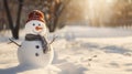 A happy snowman welcomes winter in a quiet snowy landscape on a sunny day