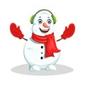 Happy snowman with winter earmuffs, red gloves and scarf