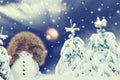 happy snowman. Winter landscape. Merry christmas and happy new year greeting card Royalty Free Stock Photo