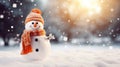 Happy snowman in a winter landscape.Seasons greetings