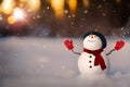 Happy snowman in sunrise winter landscape during snowfall on Christmas morning. Happy Winter holiday mood background Royalty Free Stock Photo