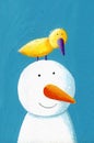 Happy snowman with yellow bird Royalty Free Stock Photo