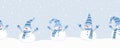 Happy snowmen have fun in winter holidays. Seamless border. Christmas background. Different snowmen in blue winter clothes Royalty Free Stock Photo