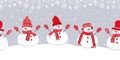 Happy snowmen have fun in winter holidays. Seamless border. Christmas background. Different snowmen in red winter hats and scarves