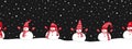 Happy snowmen rejoice in winter holidays. Seamless border. Christmas background. Five different snowmen in red winter clothes