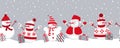 Happy snowmen rejoice in winter holidays. Seamless border. Christmas background