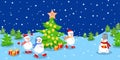 Happy snowmen welcoming their friend to the Christmas party in snowy landscape Royalty Free Stock Photo