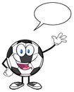 Happy Soccer Ball Cartoon Mascot Character Waving For Greeting With Speech Bubble