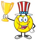 Happy Softball Cartoon Character With Patriotic Hat Holding A Trophy Cup Royalty Free Stock Photo