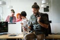 Happy software developers working on meeting, Programming advanced code artificial intelligence.