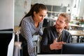 Happy software developers working on meeting, Programming advanced code artificial intelligence.