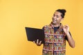 Upbeat software developer remotely helping client with errors on laptop