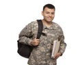 Smiling soldier with back pack and files Royalty Free Stock Photo