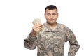 Happy soldier holding money