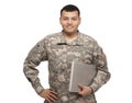 Soldier holding a laptop Royalty Free Stock Photo