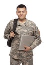 Soldier with back pack and laptop Royalty Free Stock Photo