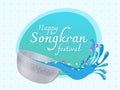 Happy songkran festival banner - thai silver bowl with Water splash on thai art texture background vector design
