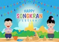 Happy Songkran festival - Thai boy and Thai girl respect hands and in Sand pagodas At the temple verctor design Royalty Free Stock Photo