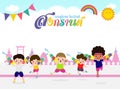 Happy Songkran Festival, Thai New Year, kids enjoy splashing water in Songkran festival, Thailand Traditional New Year Day Vector Royalty Free Stock Photo