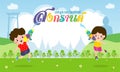 Happy Songkran Festival, Thai New Year, kids enjoy splashing water in Songkran festival, Thailand Traditional New Year Day Vector Royalty Free Stock Photo