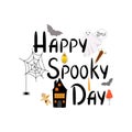 Happy Spooky Day Halloween holiday scary quote decorated with spider, web, ghost, bats, design element Royalty Free Stock Photo