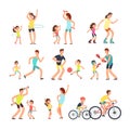 Happy sport family. Mom, dad with kids doing sports exercises outdoor. Parents and children in fitness activity vector